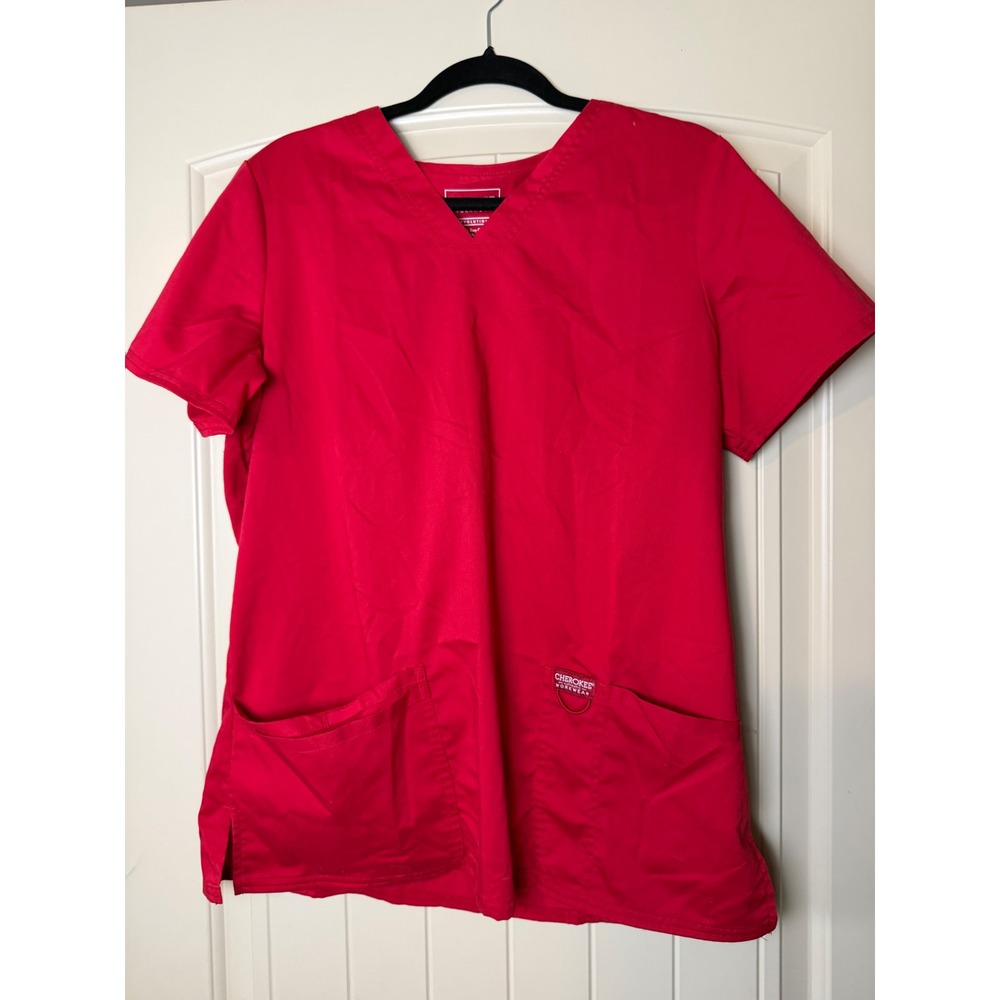 Cherokee Workwear Revolution Scrub Top Red V-Neck Stretch Pockets Size M
